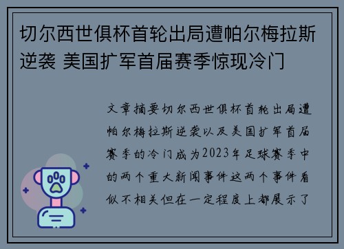 切尔西世俱杯首轮出局遭帕尔梅拉斯逆袭 美国扩军首届赛季惊现冷门